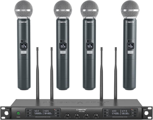Phenyx Pro Quad Channel draadloos microfoonsysteem, 4 handheld draadloze microfoons, 4 x 40 kanalen, auto scan, bereik 100 meter, ideaal voor zang, kerk, karaoke (PTU-7000-4H)