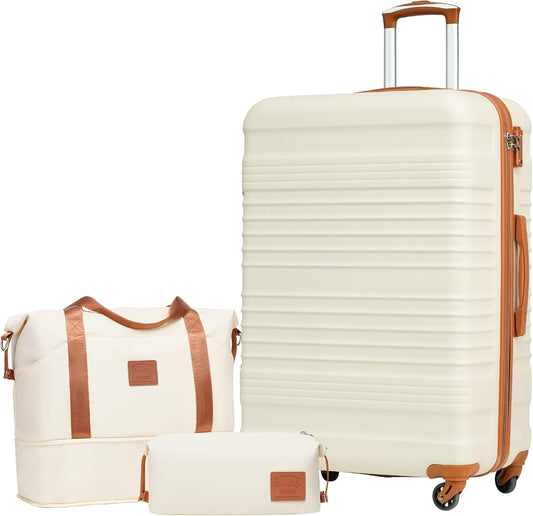 COOLIFE 6-delige hardcase-kofferset, koffer met uitbreidbare reistas, fitnessstudio en toilettas, koffer met 4 360° draaibare wielen en TSA, Wit Bruin, 28", modern