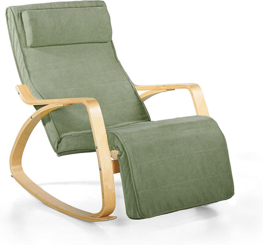 WeHome Swing Amor Schommelstoel met armleuningen van hout, Rocking Chair, schommelstoel met verstelbare voetensteun, woonkamerstoel, slaapkamerstoel (stof, groen)