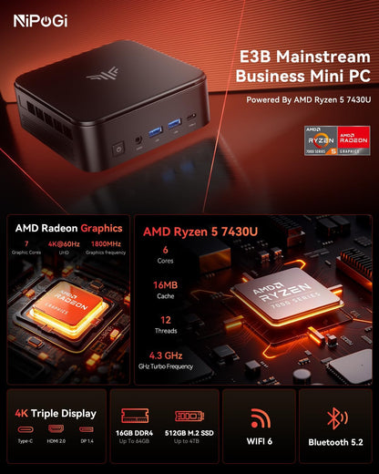 NiPoGi E3B Mini-pc, MD Ryzen 5 7430U (tot 4,3 GHz), 16 GB DDR4, 512 GB M.2 SSD, mini-desktopcomputer met W11 PRO|4K Triple Display|WiFi 6|BT5.2 voor zakelijke kantoren, design, thuisbioscoop,