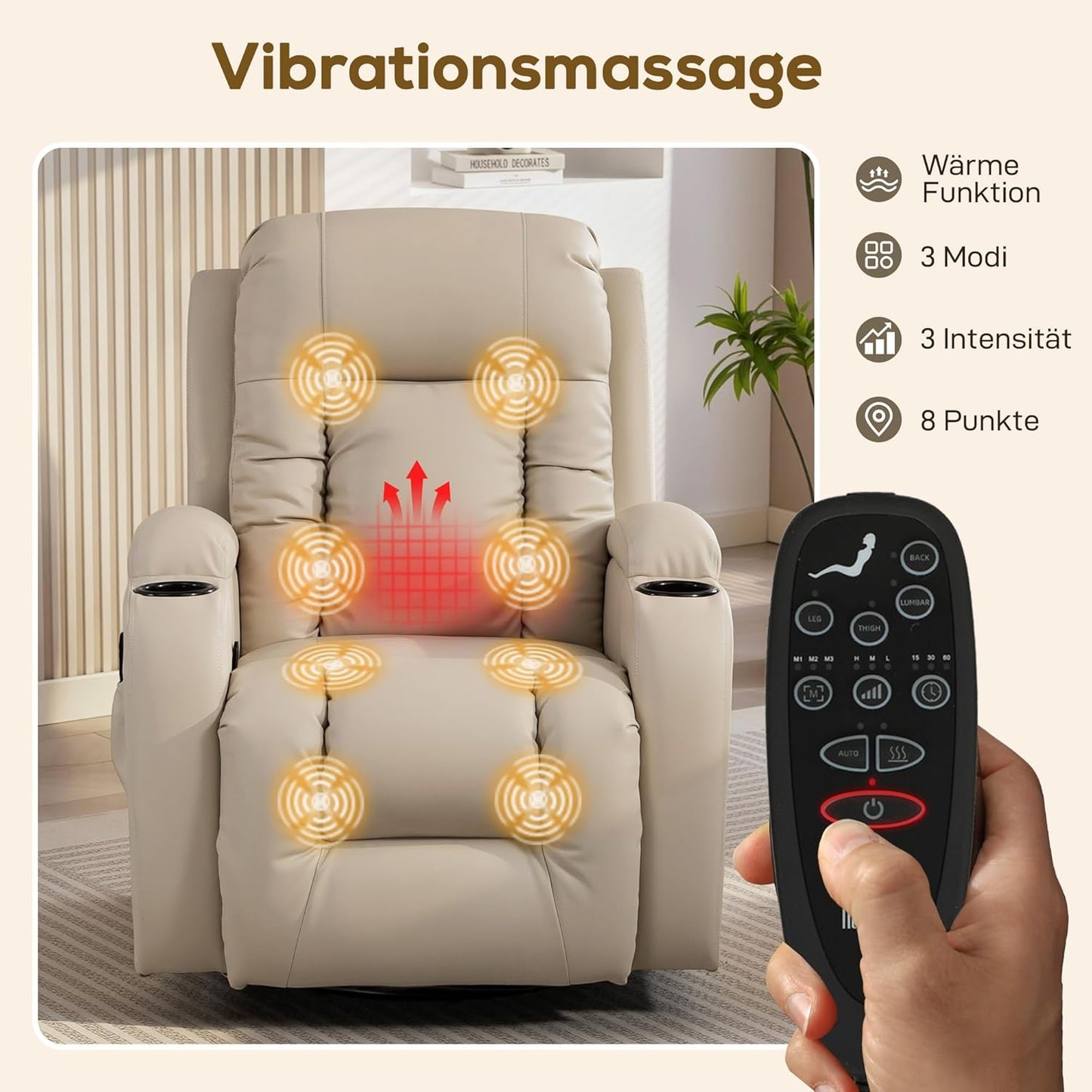 HOMCOM Massagestoel TV-stoel Relaxstoel met warmtefunctie, ligstoel met afstandsbediening, bekerhouder, crèmewit 85 x 94 x 104 cm