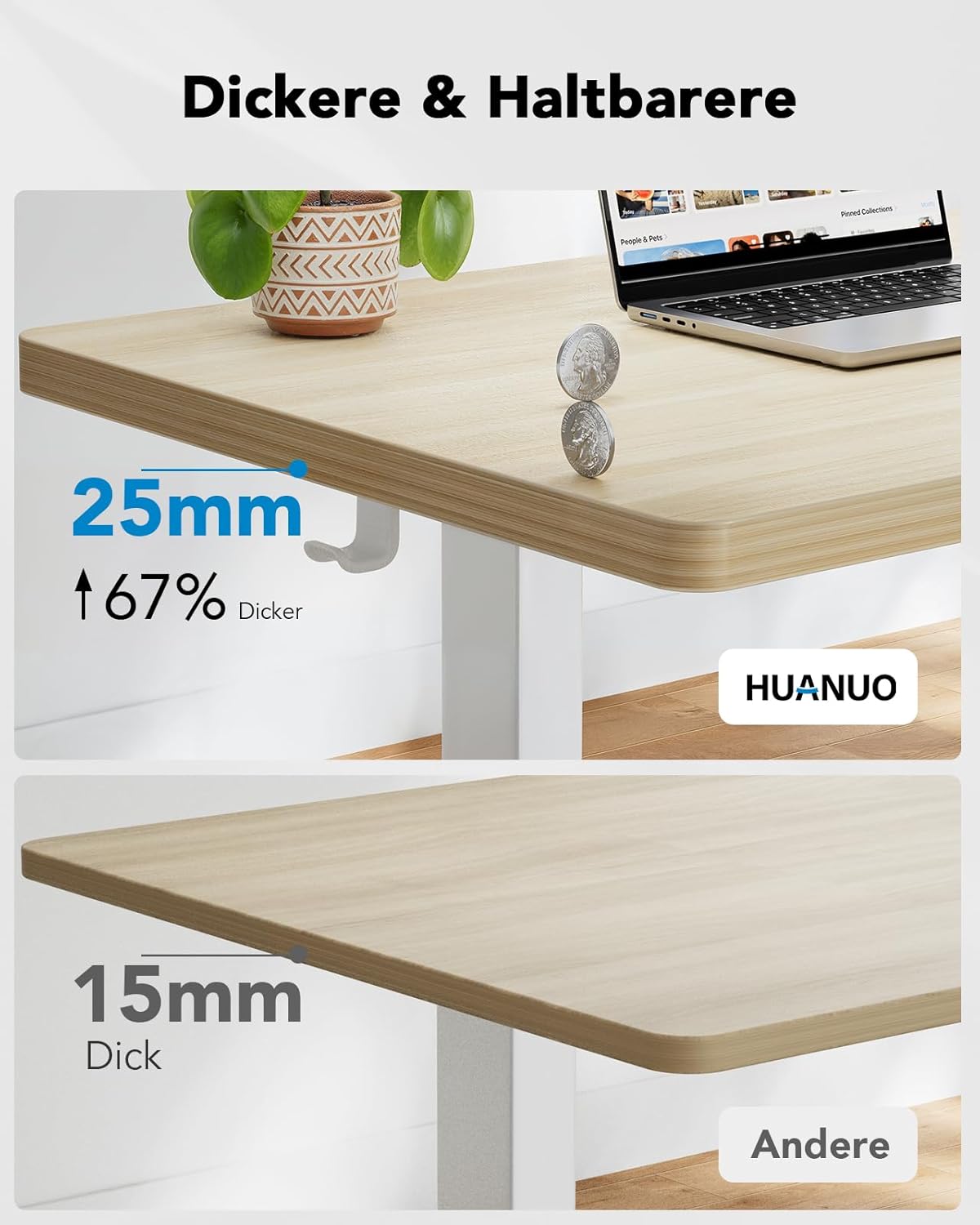 HUANUO Height Adjustable Desk, 120 x 80 cm, 25 mm, Whole Table Top with Brushless Motor, Ergonomic Desk, Height Adjustable, Easy Assembly, Electric Standing Desk for Home Office - QUORE