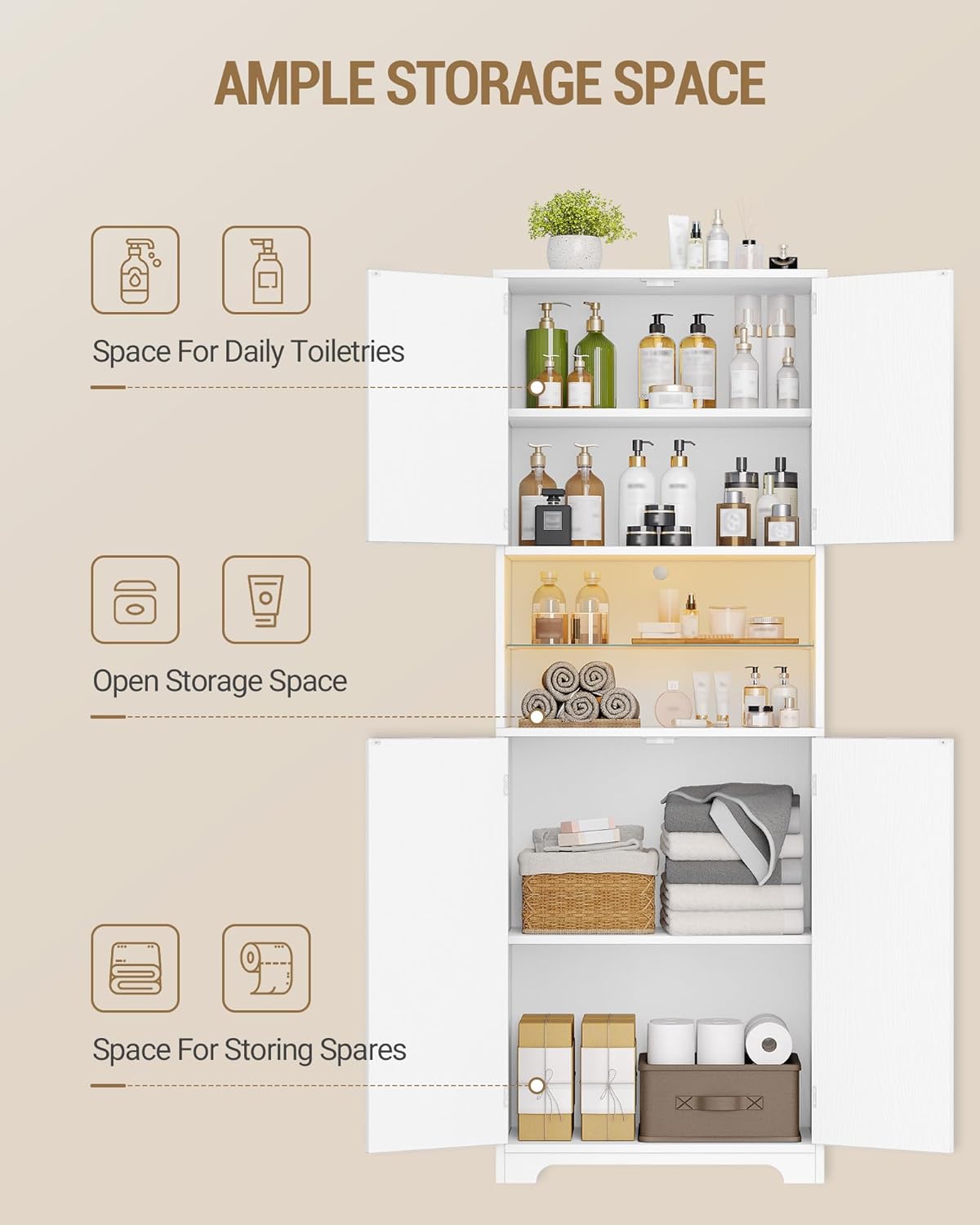 Hzuaneri Bathroom Cabinet, Bathroom Cabinet, Tall Cabinet with Colour Changing LED Lights and 4 Doors, Adjustable Shelves, Living Room, Bathroom, 30 x 60 x 170 cm, White Wood Grain SC68213X