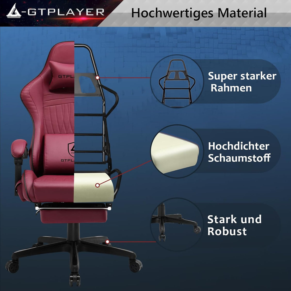GTPLAYER Ergonomic Gaming Chair, Office Chair, Racing Chair with Footrest and Speakers, Load Up to 150 kg, Red - QUORE