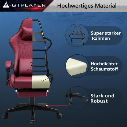 GTPLAYER Ergonomic Gaming Chair, Office Chair, Racing Chair with Footrest and Speakers, Load Up to 150 kg, Red - QUORE