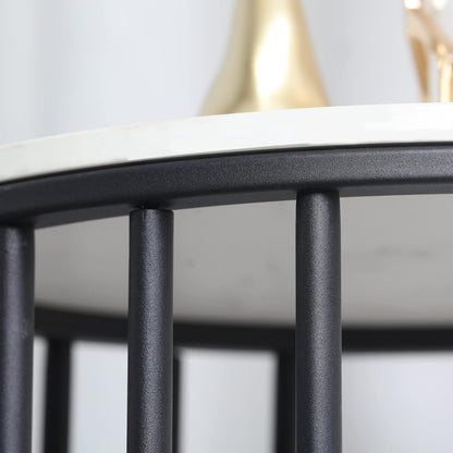 FATIVO Bijzettafel, rond, marmer, wit, 2 planken, woonkamertafel, moderne salontafel, luxe nachtkastje met zwart ijzeren frame, 40 x 40 x 54 cm, voor woonkamer, slaapkamer
