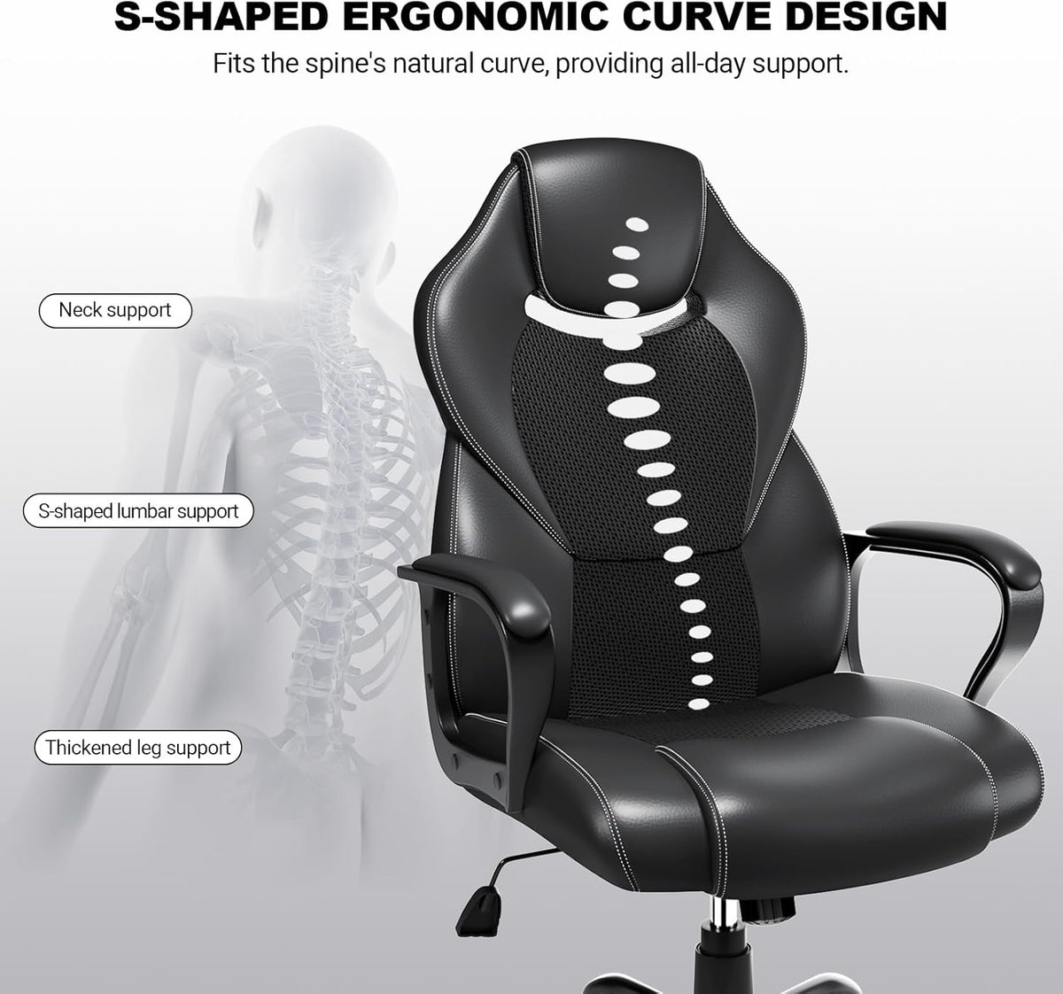 BASETBL Bureaustoel, directiestoel, 150 kg, bureaustoel, bureaustoel, gamingstoel, ergonomisch PU-leer, pc-stoel, draaistoel met zachte gevoerde armleuningen, kantelfunctie, zwart