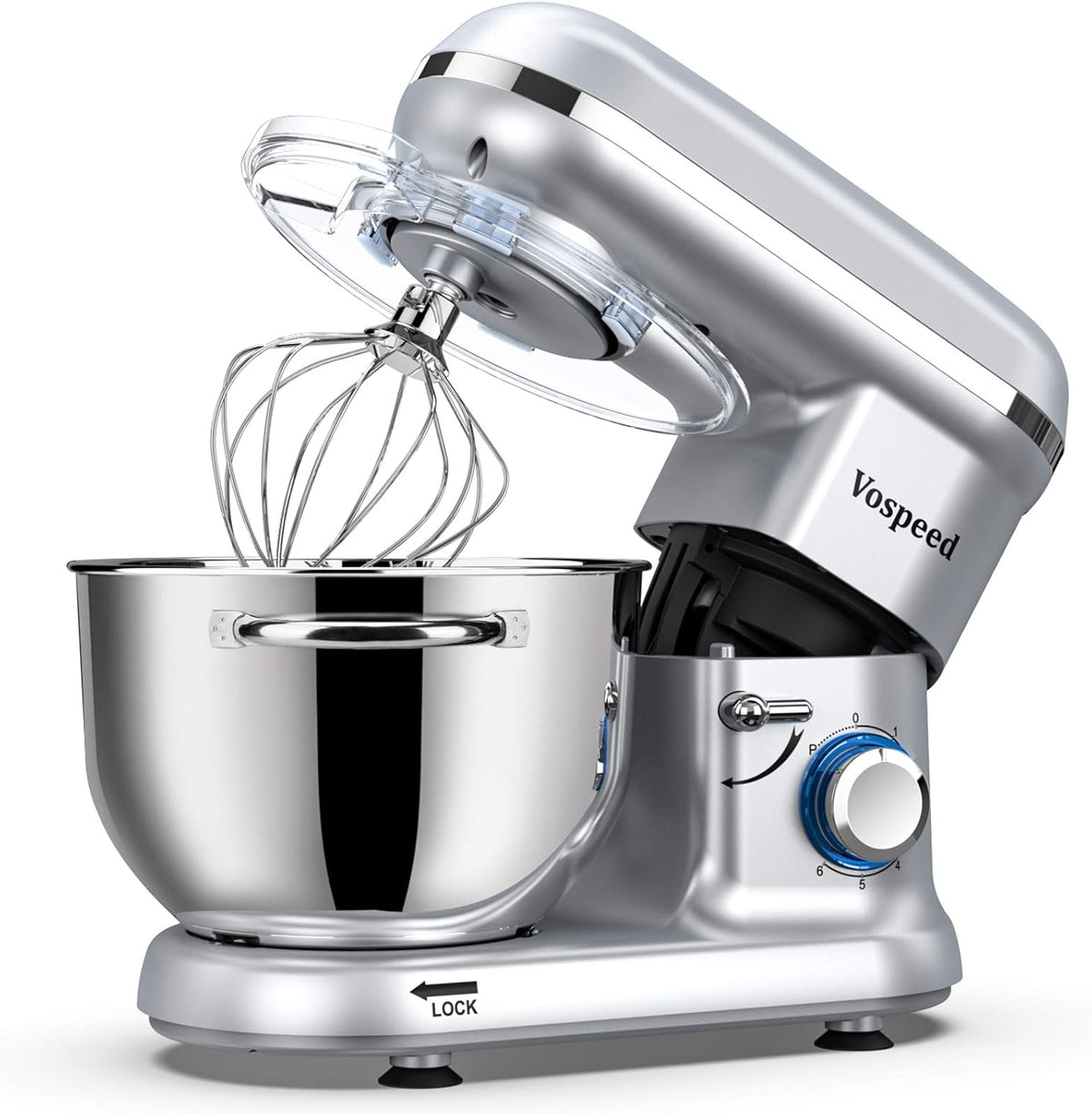 Keukenmachine Kneedmachine voor bakken, Vospeed 1500W 6-snelheden elektrische keukenmixer met 6,2QT kom, klopper, haak, garde, eierscheider (zilver)