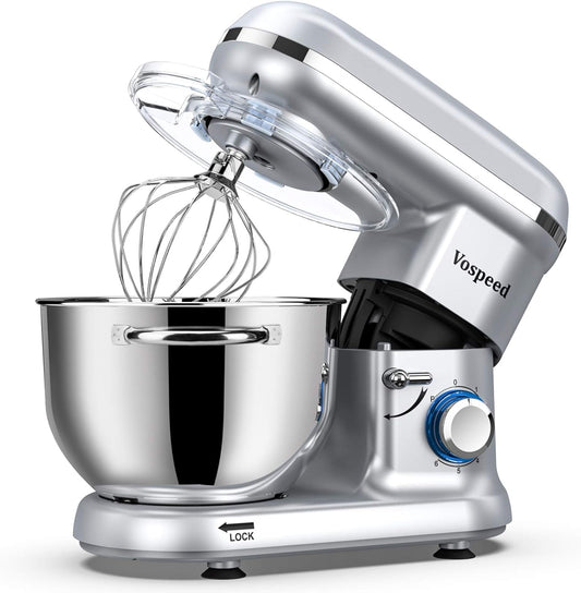 Keukenmachine Kneedmachine voor bakken, Vospeed 1500W 6-snelheden elektrische keukenmixer met 6,2QT kom, klopper, haak, garde, eierscheider (zilver)