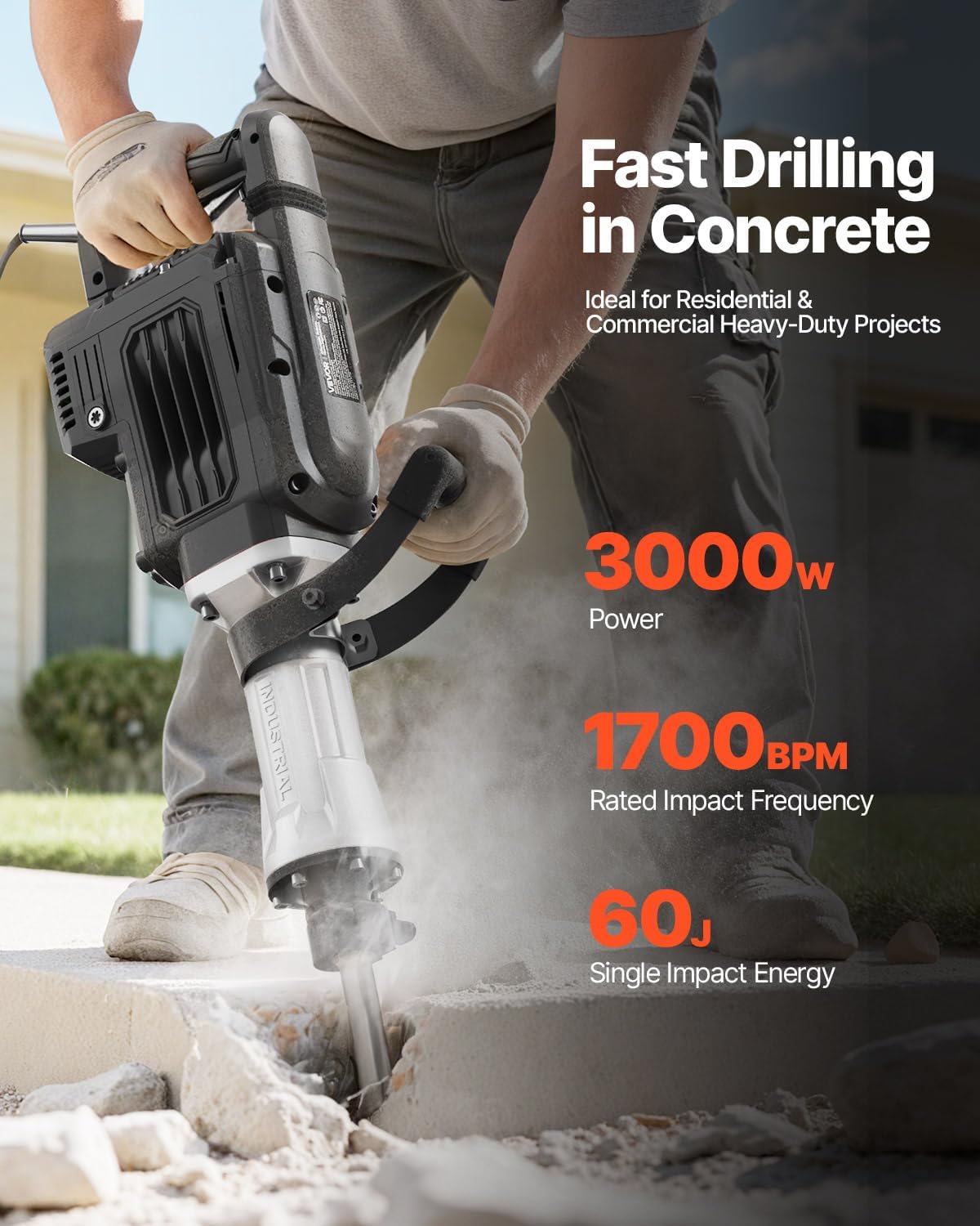 VEVOR Demolition Jack Hammer, 3000 W Powerful Electric Hammer, Concrete Crusher 1700 BPM with Point Chisel, Carry Bag, Gloves, Goggles, for Concrete, Wall, Brick, Tiles and Foundation