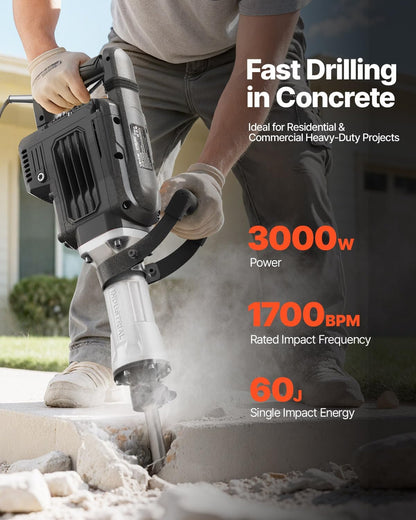VEVOR Demolition Jack Hammer, 3000 W Powerful Electric Hammer, Concrete Crusher 1700 BPM with Point Chisel, Carry Bag, Gloves, Goggles, for Concrete, Wall, Brick, Tiles and Foundation