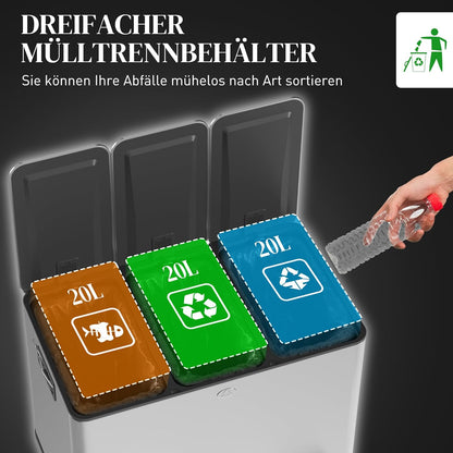 Afvalemmer – Prullenbak – Vuilnisemmer – Afvalbak – Recyclebak – 3x 20L Compartimenten – Vingerafdrukbestendig RVS Met Zacht Sluitend Deksel