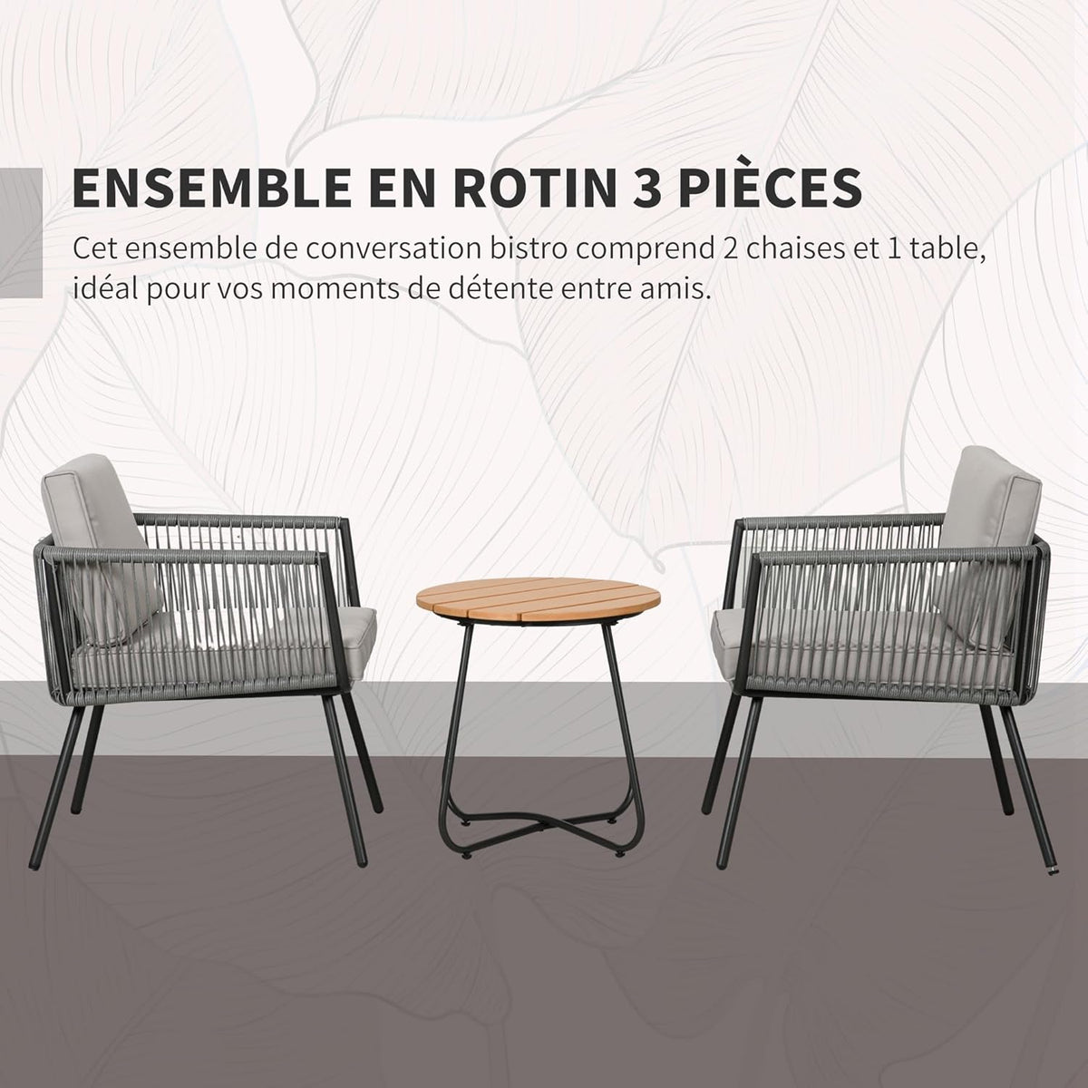 Outsunny Tuinmeubelset van polyrotan, 3-delig, stalen frame, 2 stoelen + 1 salontafel, kussens, grijs