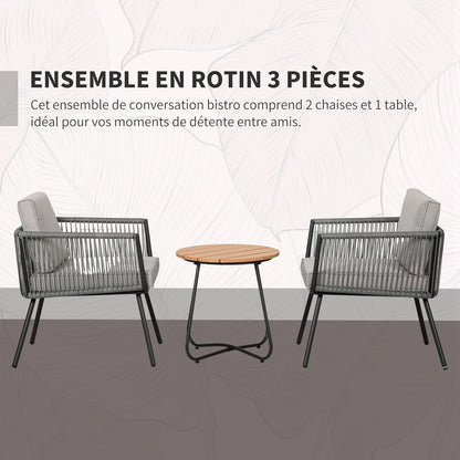 Outsunny Tuinmeubelset van polyrotan, 3-delig, stalen frame, 2 stoelen + 1 salontafel, kussens, grijs