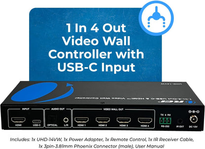 OREI - Videowandcontroller HDMI of USBC 4K 2x2 display tot 4K 60Hz ondersteuning 2x1, 1x2, 1x3, 1x4