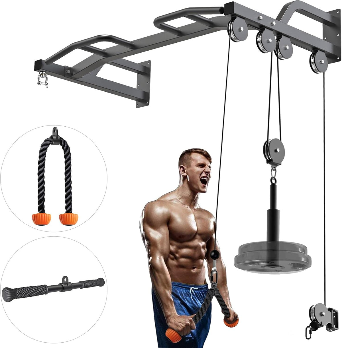 48" Wall Mounted Multifunction Cable Pulley System Gym, 48" Wall Mounted Pull Up Bar, Cable Machine LAT Pulldown Attachments, DIY Home Gym Pulley Cable Machine Attachment System, Punching Bag Hanr