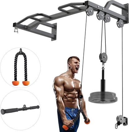 48" Wall Mounted Multifunction Cable Pulley System Gym, 48" Wall Mounted Pull Up Bar, Cable Machine LAT Pulldown Attachments, DIY Home Gym Pulley Cable Machine Attachment System, Punching Bag Hanr