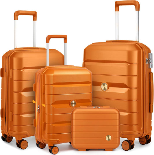 Sea choice Kofferset 4st Handbagage Trolley Koffer met Beautycase Harde Schaal Polypropyleen Reiskoffer TSA slot 4 dubbele Wielen S-M-L-XL (Kofferset 3(Uitbreidbaar), Zonsondergang Goud)