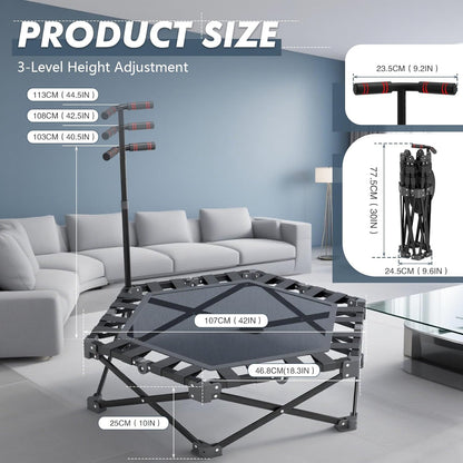 42" Fitness Trampoline met verstelbare handgreep One-Click Folding & Geen Montage Mini Trampoline Rebounder voor Volwassenen Binnen & Outdoor Max Belasting 300 KG
