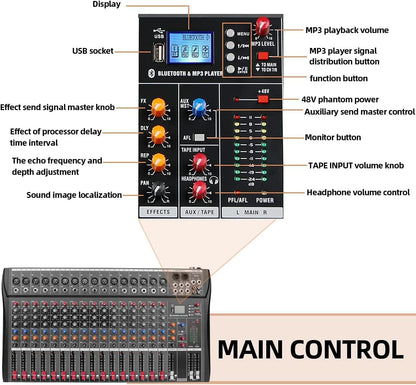 16-Kanaals Audio Mixer – Mengpaneel – Audiomixconsole – Geluidscontroller – Soundboard – Bluetooth En USB-Aansluiting – XLR-Microfooningangen Met 48V Fantoomvoeding