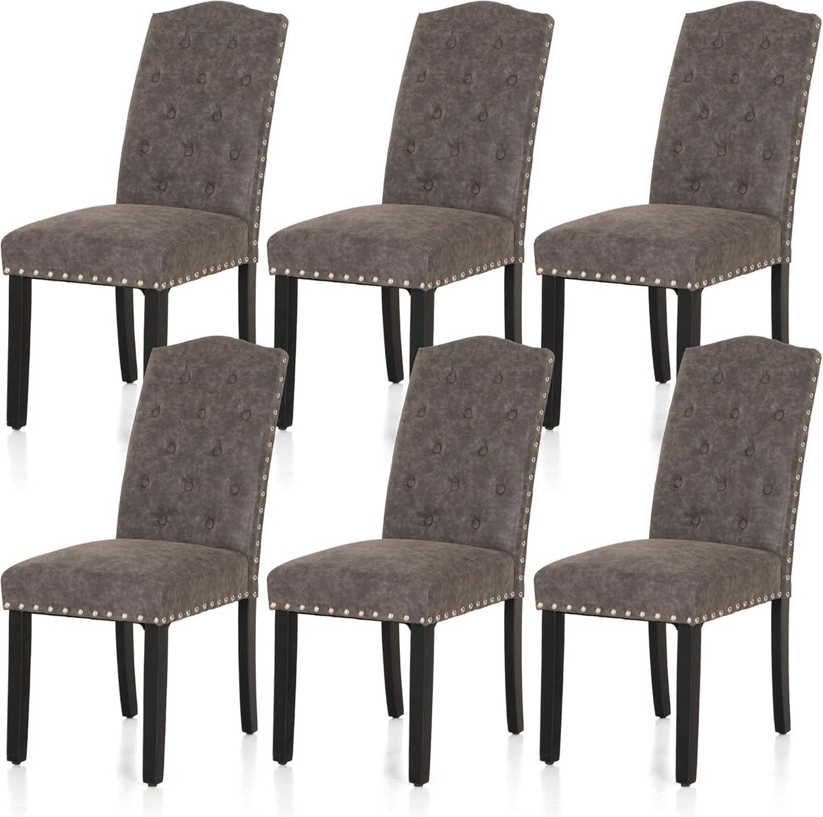 ALPHA HOME Dining Chairs Set of 6, Upholstered Kitchen Chair, Dining Chairs, Tufted Kitchen Chairs with Solid Wood Legs and High Backrest, Faux Leather Padded Parson Chairs, Grey