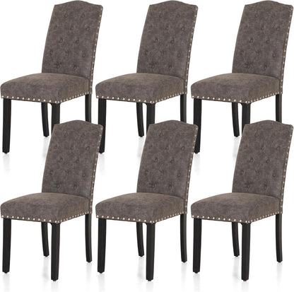 ALPHA HOME Dining Chairs Set of 6, Upholstered Kitchen Chair, Dining Chairs, Tufted Kitchen Chairs with Solid Wood Legs and High Backrest, Faux Leather Padded Parson Chairs, Grey