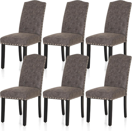 ALPHA HOME Dining Chairs Set of 6, Upholstered Kitchen Chair, Dining Chairs, Tufted Kitchen Chairs with Solid Wood Legs and High Backrest, Faux Leather Padded Parson Chairs, Grey