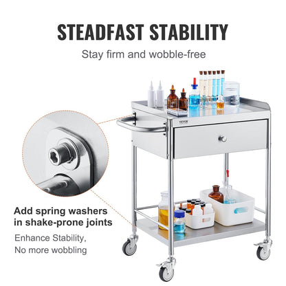 VEVOR 2 Tier Laboratory Cart, Medical Service Car, 71 x 42 x 78.5 cm, Stainless Steel, with Drawer, Load 100 kg, Silent Movement for Clinical Storage, Kitchen, Hotel,