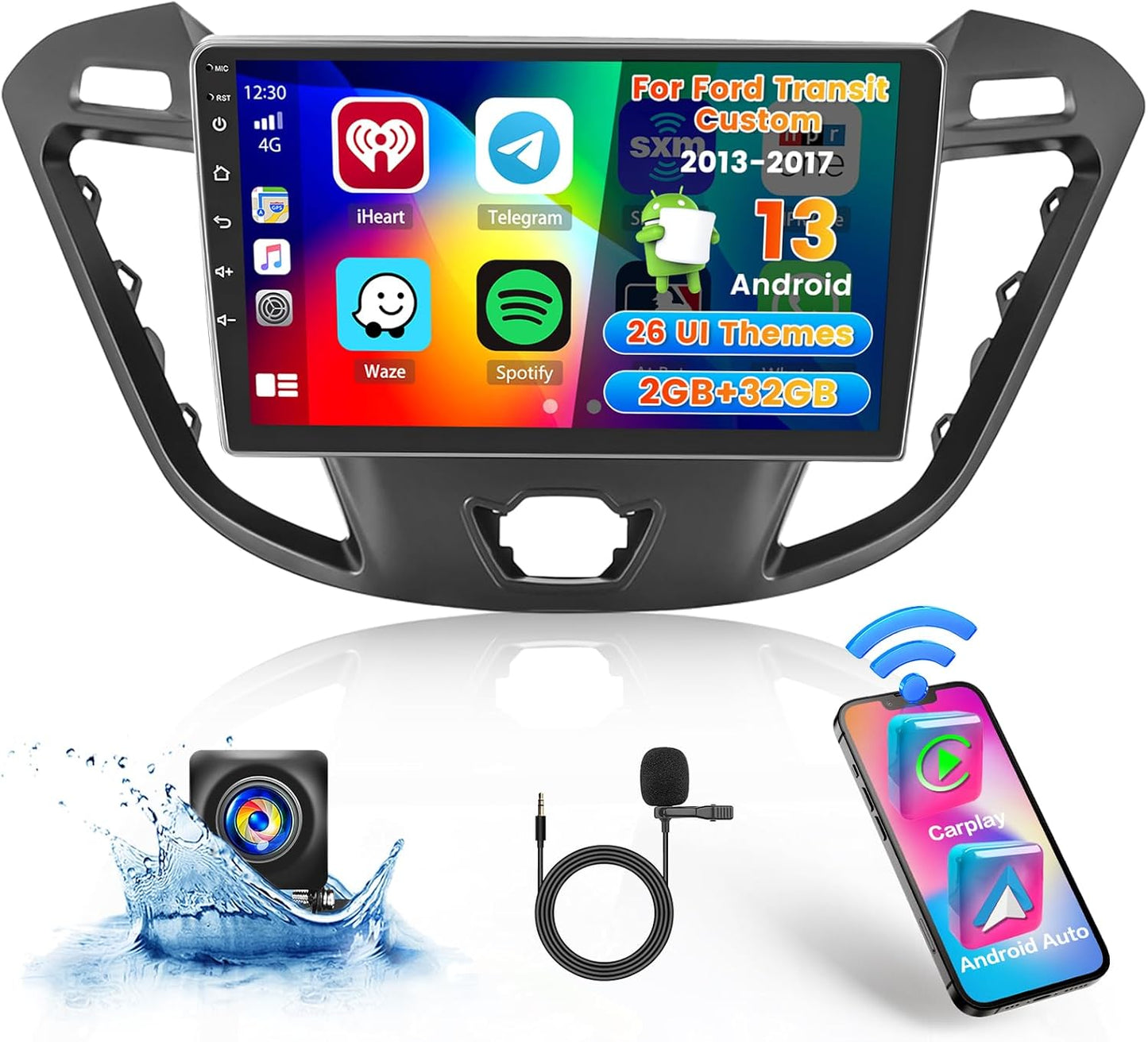 Hikity 2+64GB Car Stereo voor Ford Transit Custom 2013-2017 Draadloze Carplay Android Auto, 9 Inch Touch Screen Bluetooth Stereo met WiFi GPS EQ FM/RDS SWC Achteruitrijcamera