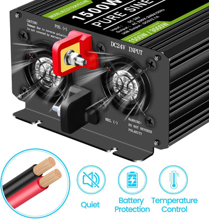 NOVOPAL 1500W omvormer 24V naar 230V - 2AC stopcontacten spanningsomvormer puur sinus beeldscherm LCD met een USB-poort - 5 meter afstandsbediening en twee koelventilatoren voor RV Truck Boat