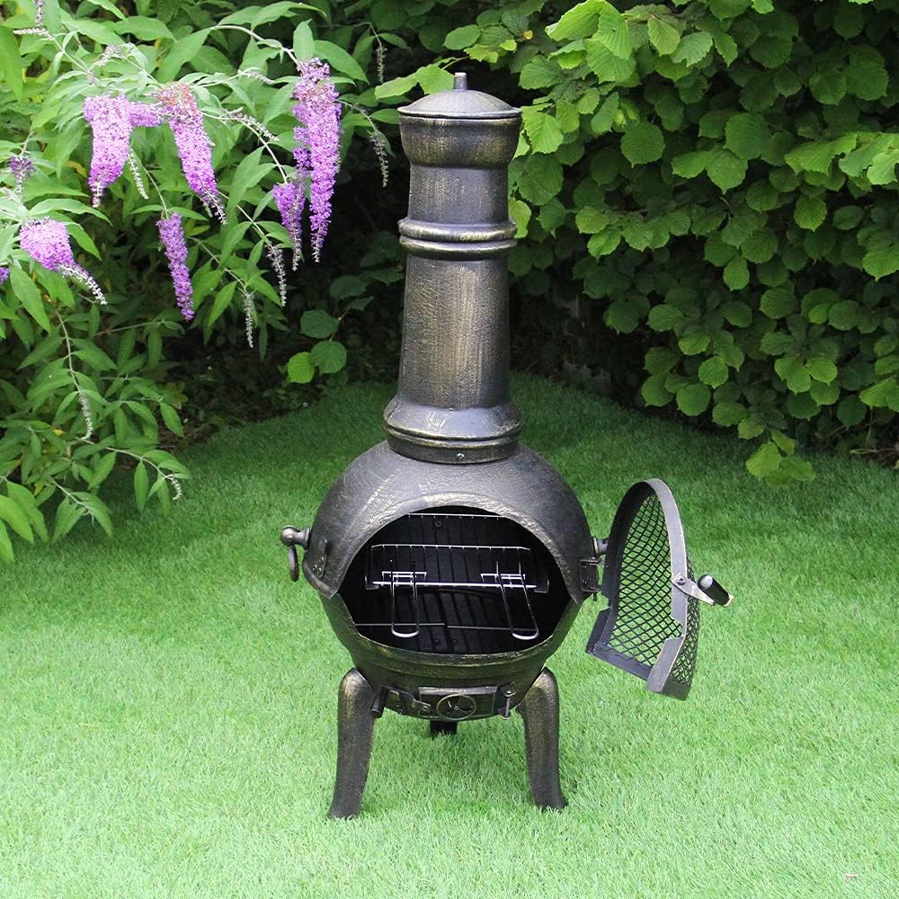 Gietijzeren Chiminea – Tuinhaard – Buitenhaard – Vuurton – Terrasverwarmer – Duurzaam Gietijzer – Inclusief BBQ Rek & Union Jack Bunting