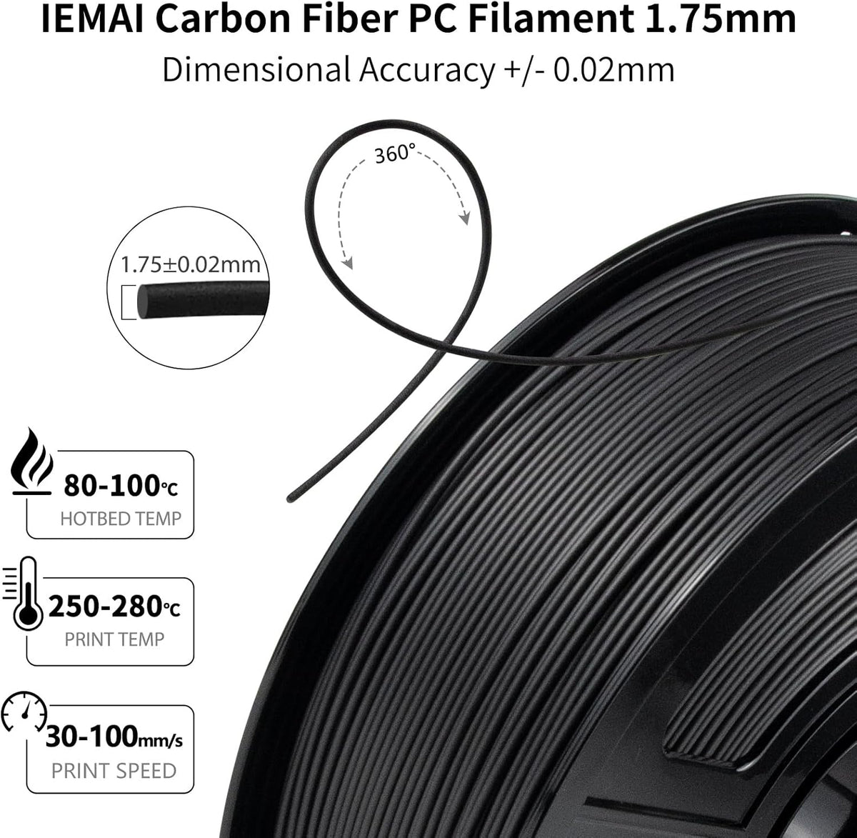 IEMAI PC CF Filament 1.75mm 5KG, Zwart PC Filament Voeg 20% koolstofvezel toe, Draadmateriaal 3D-printers, Maatnauwkeurigheid +/- 0,02 mm