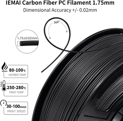 IEMAI PC CF Filament 1.75mm 5KG, Zwart PC Filament Voeg 20% koolstofvezel toe, Draadmateriaal 3D-printers, Maatnauwkeurigheid +/- 0,02 mm