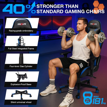 Douxlife Gaming Stoel, met 7-punts Massage, Ergonomische bureaustoel met Voetensteun, 90-175° Rugleuning Instelbaar, Verstelbare 2D-Armleuning, PC-gamerstoel, Bureaustoel, 180 kg, Zwart-blauw