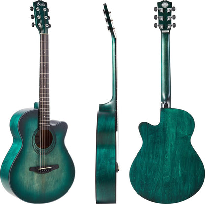 40 Inch Akoestische Gitaar Premium Solid Spar Top Cutway Acustica Guitarra Bundel kit Met Gig Bag, Gitaarstandaard, Tuner, Strap, Capo, Snaren, Reinigingsdoek en Pickts (Nijlblauw)