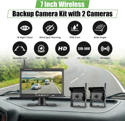 1080P HD draadloze achteruitrijcameraset, 7 inch lcd-monitor met 2 achteruitrijcamera's voor aanhanger, camper, vrachtwagen, auto, bus, doe-het-zelf geleidingslijnen, IP68 waterdicht