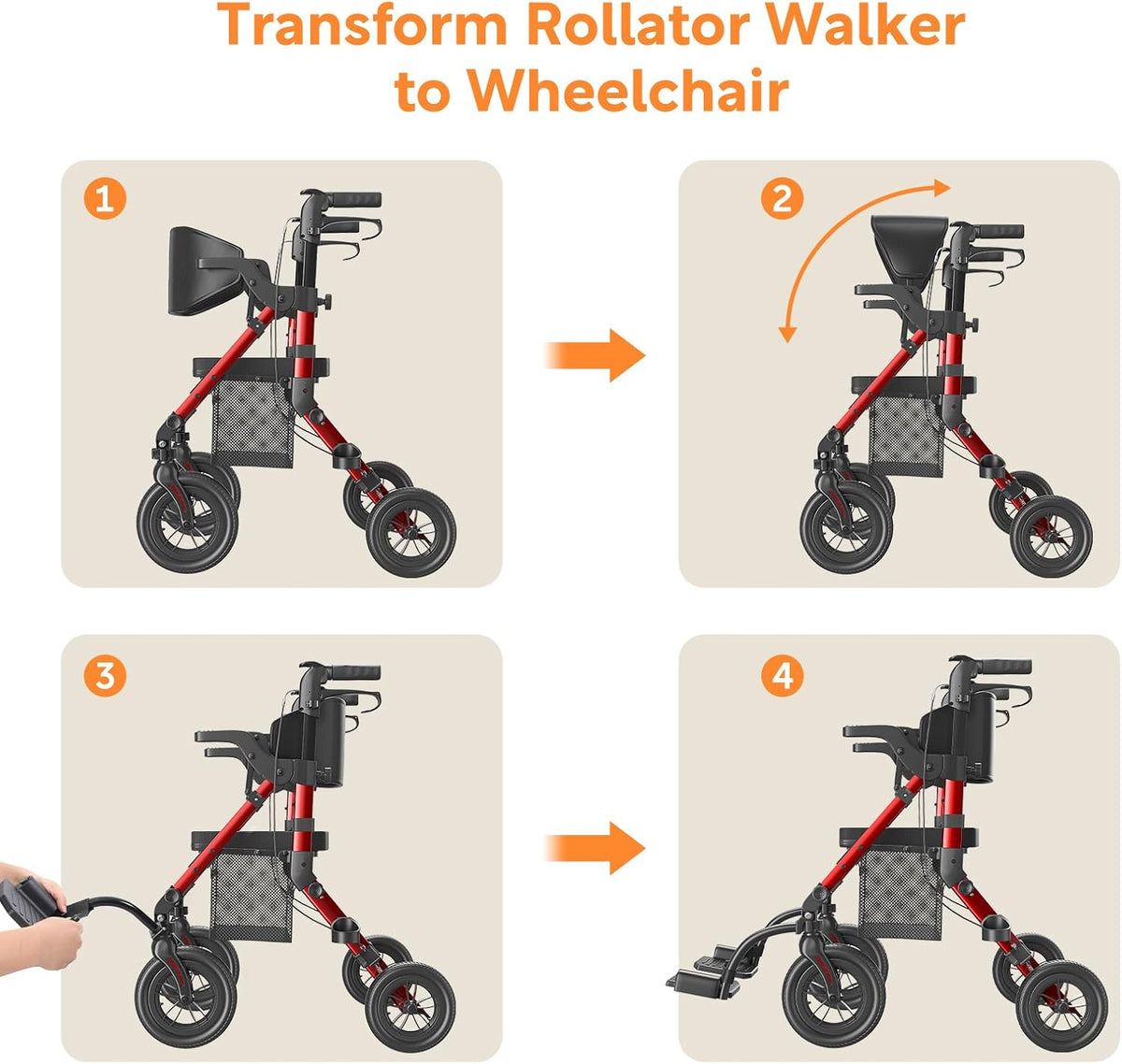VOCIC 2 in 1 Rolstoel Rollator Opvouwbaar en Licht met Zitting, Outdoor Gumbanden voor Alle Terreinen, Lichtgewicht Rollatoren met Nettas, Aluminium Loophulp Transport-Stoel, Rood (5 Jaar