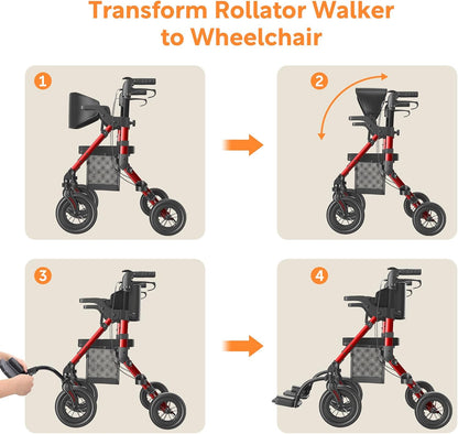 VOCIC 2 in 1 Rolstoel Rollator Opvouwbaar en Licht met Zitting, Outdoor Gumbanden voor Alle Terreinen, Lichtgewicht Rollatoren met Nettas, Aluminium Loophulp Transport-Stoel, Rood (5 Jaar
