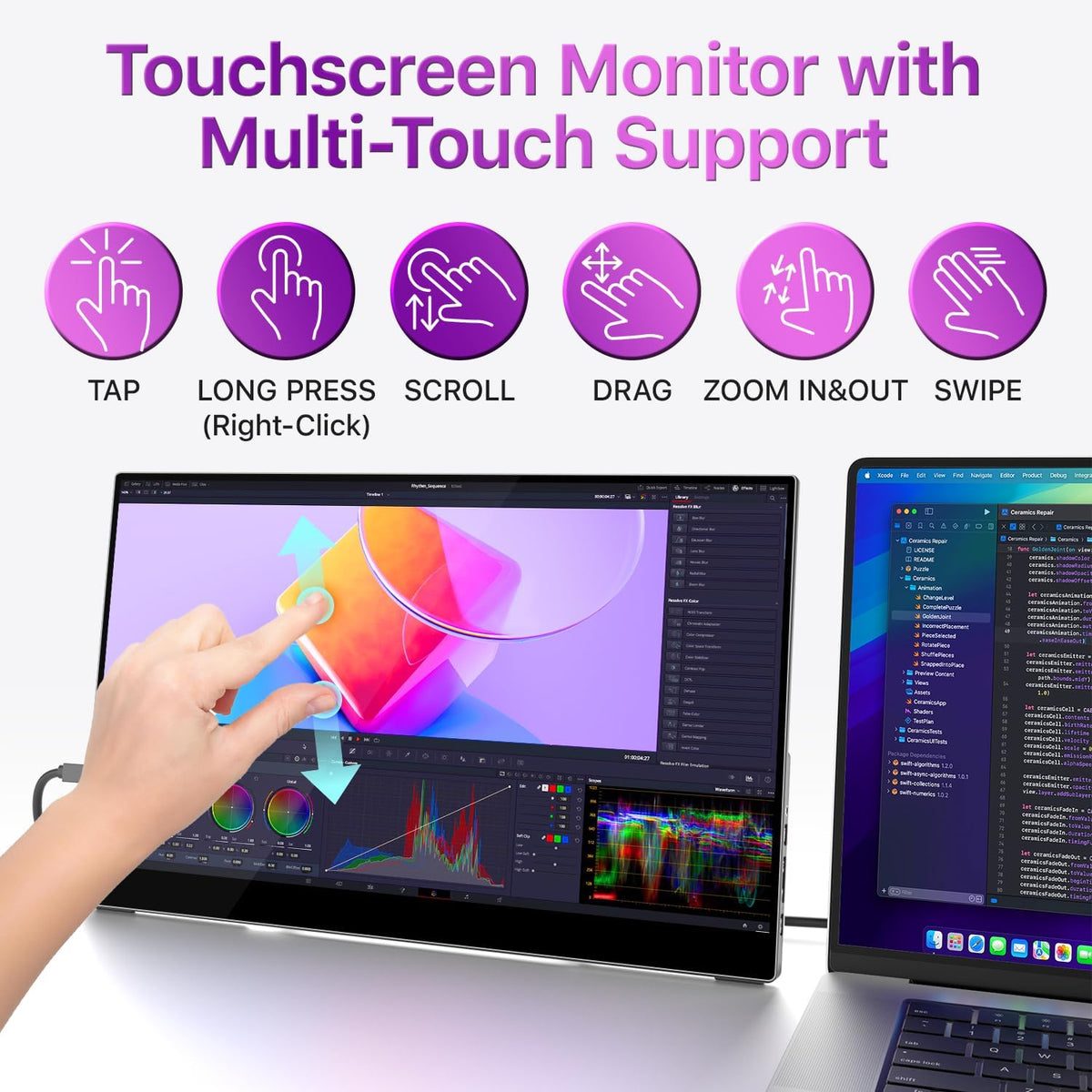 Cocopar Draagbare monitor 15,6 inch 1080P FHD 60Hz 85% sRGB met HDMI luidspreker USB-C tweede scherm voor laptop MacBook Surface PC Xbox PS4/5 VESA monteerbaar touchscreen