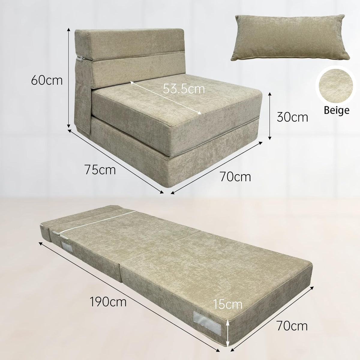 ANONER Divan-lit flexibel 70 x 190 cm, met kussen, de zitplaats zet om in matras, afneembare divanhousse, perfect voor kleine kamers en multifunctionele ruimtes, Beige