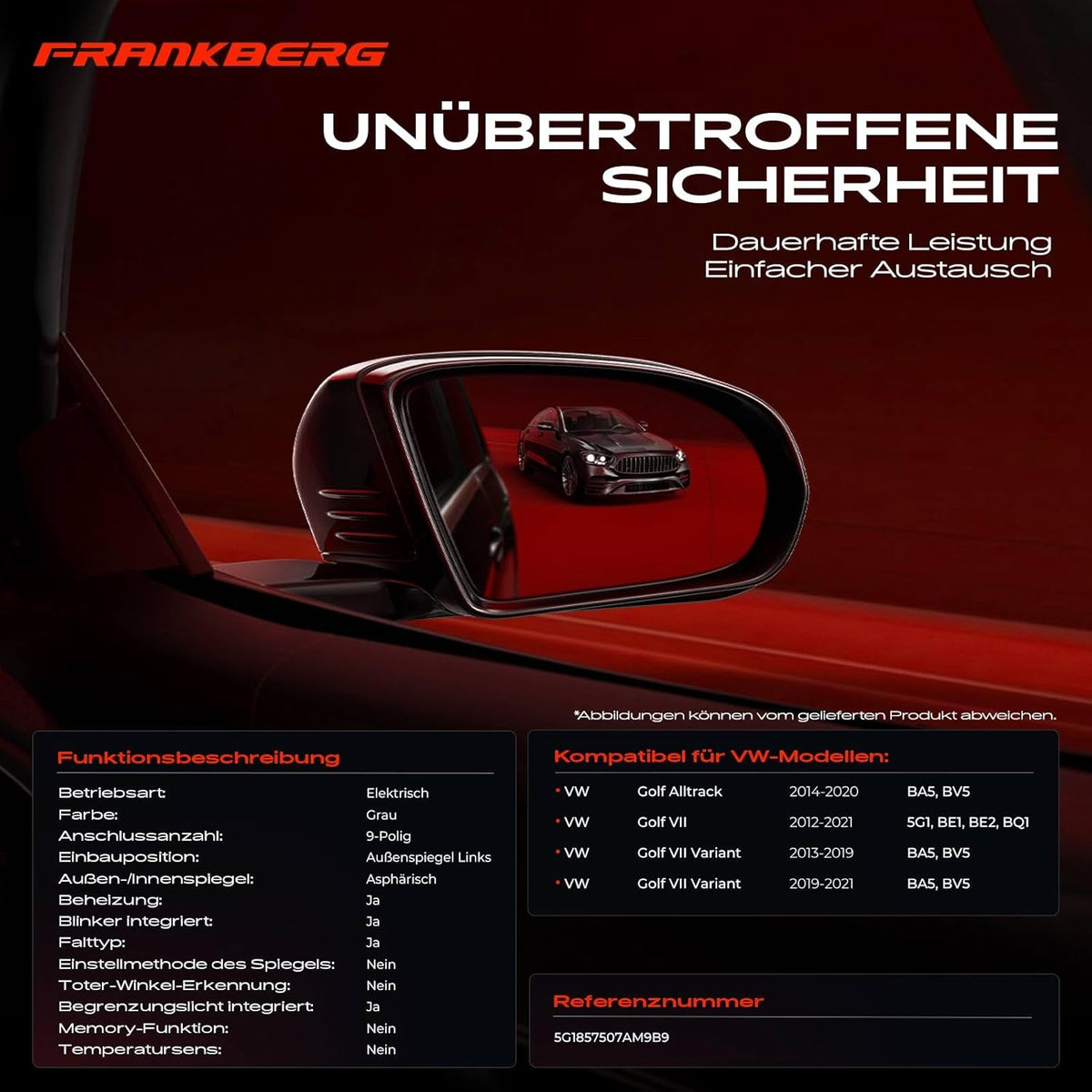 Frankberg Elektrische buitenspiegel, buitenspiegel, links, 9-polig, verwarmbaar & knipperlicht, compatibel met Golf Alltrack BA5 BV5 2014-2020, vervanging # 5G1857507AM9B9