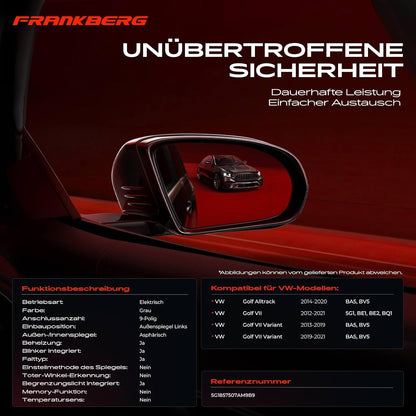 Frankberg Elektrische buitenspiegel, buitenspiegel, links, 9-polig, verwarmbaar & knipperlicht, compatibel met Golf Alltrack BA5 BV5 2014-2020, vervanging # 5G1857507AM9B9