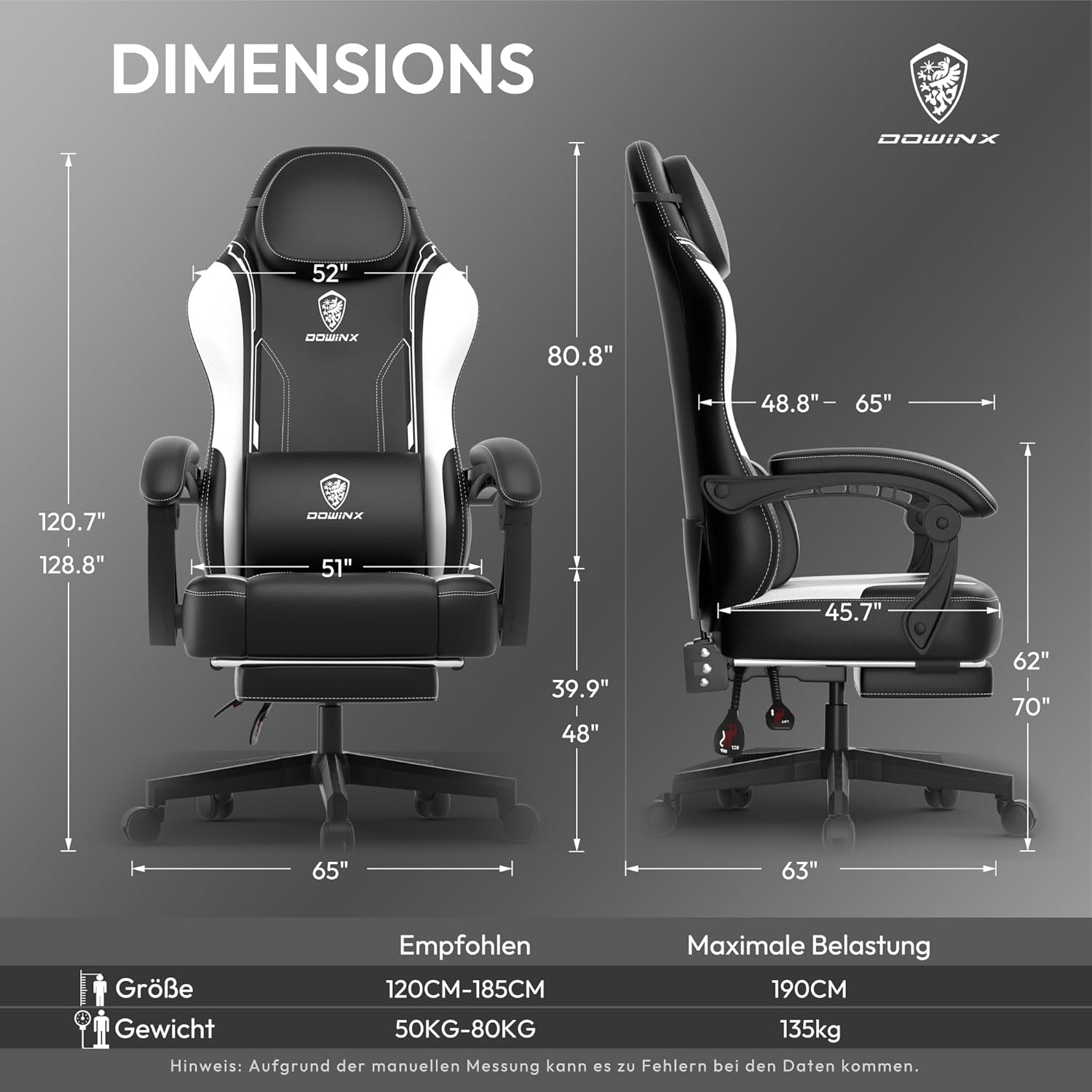 Dowinx Gaming Chair, Ergonomic PU Leather Gamer Chair with Lumbar Support, PC Chair with Widened Backrest, Maximum Load 150 kg, White - QUORE
