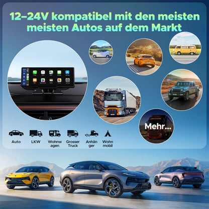 Draadloze Apple Carplay & Android Auto Stereo, 9.26" Draagbare Autoradio met 2K Dash Cam Voorkant, 1080P Achteruitrijcamera, Navigatie Apparaten met Siri/Bluetooth/GPS/Google/FM/AUX/Mirror-Link/64G TF