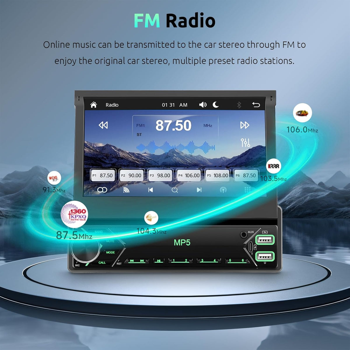 Autoradio 1 Din met draadloze Carplay Android Auto, 7 inch IPS HD handmatige flip touchscreen autoradio, ondersteuning Bluetooth Link spiegeling FM 2USB/Type-C stuurwielbediening