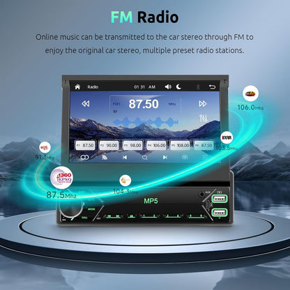 Autoradio 1 Din met draadloze Carplay Android Auto, 7 inch IPS HD handmatige flip touchscreen autoradio, ondersteuning Bluetooth Link spiegeling FM 2USB/Type-C stuurwielbediening