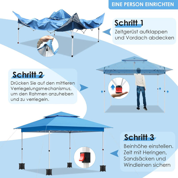 Paviljoen - Tuinpaviljoen - Partytent - Tuintent - Pop-up Kliksysteem - met 4 Muggennet Zijpanelen - Roldraagtas - Waterdicht - Stabiel - Dubbel Dak - UV-bescherming 50+ - 4 Zandzakken - voor Patio - Markt - Camping - 3.6 x 3.6 m - Blauw