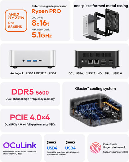 AOOSTAR MACO Mini PC Ryzen 7 PRO 8845HS(tot 5,1GHz), Barebone Mini-desktopcomputer, geen RAM geen M.2 SSD, micro-gaming-pc OCuLink/2xUSB4/2x2,5G LAN/4K quad-display/ontgrendelen van vingerafdruk