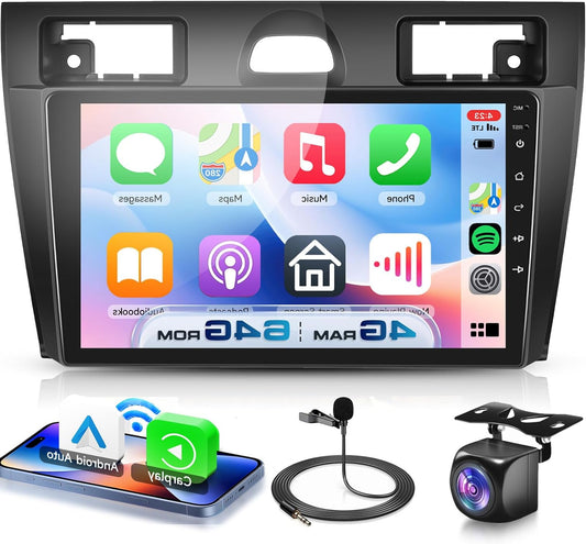 4G+64G Car Radio Android 15 for Ford Fiesta Mk5 2002-2008, 9 Inch HD Touch Screen Car Radio with Wireless Carplay Android Car GPS Wi-Fi USB Bluetooth 5.0 FM RDS Radio Rear View Camera - QUORE