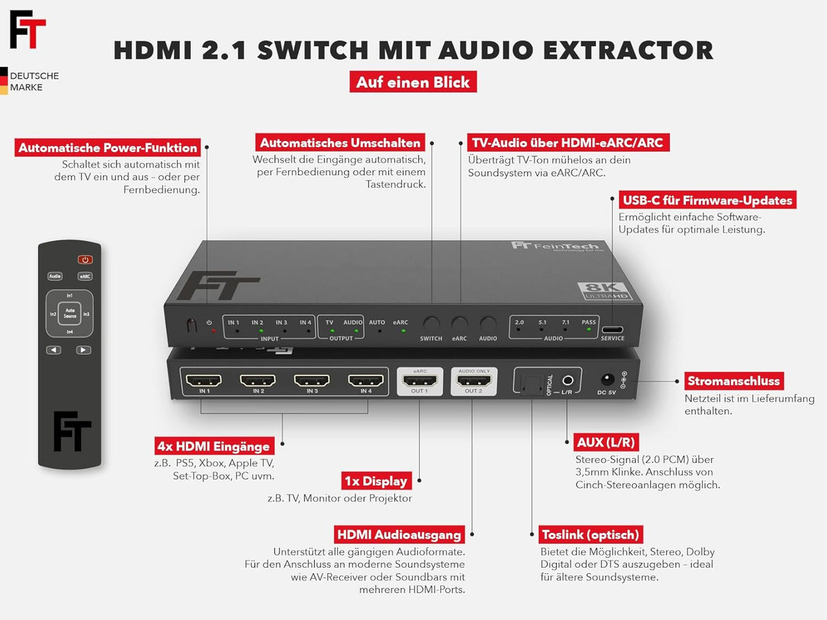 FeinTech SW411 HDMI 2.1 Switch 4-in-1 Out met audio-extractor voor geluidssystemen met HDMI-, Toslink- en AUX-ingang, ondersteunt 4K 120Hz & 8K